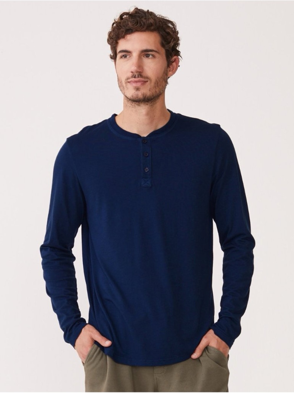 Monrow Long Sleeve Waffle Thermal Henley Top Large Navy Blue Cotton Modal Jersey